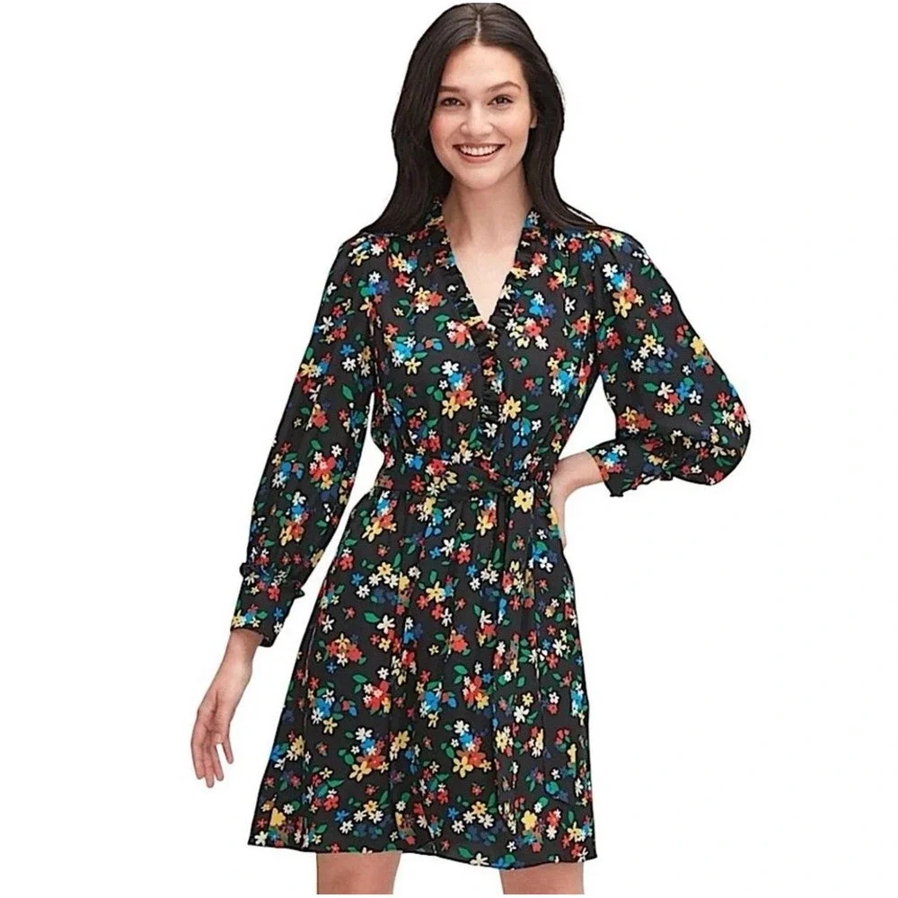 Kate Spade Sailing Floral Dress Size 2 Black Multi Ruffle‎ Elastic Waistband